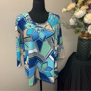 Alfred Dunner Blue Geometric Print Knit Tunic Top Long Sleeve Stretch